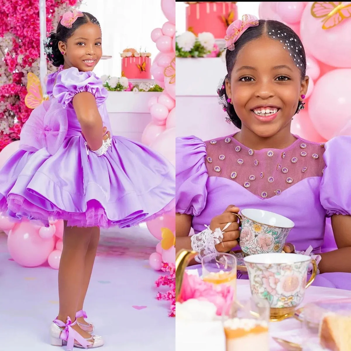 

Purple Beading Flower Girl's Dresses for Wedding Short Sleeve Tulle Bow First Communion Dress Baby Girl's Birthday Party Gowns
