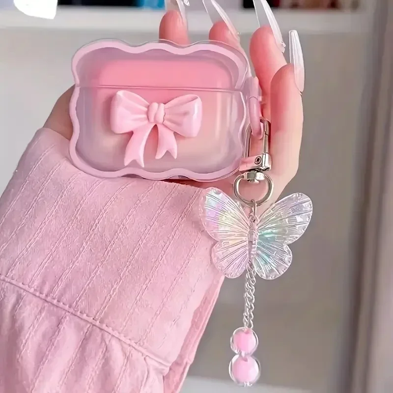 

INS wave Bow Transparent Case Stars Wave Gradient Pink Bow Headphone Cover Airpods 4 pro2 Protective Bag Earphone Case