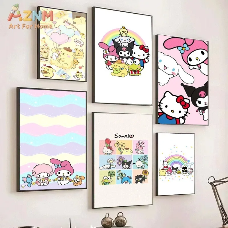 Sanrio Cute Cartoon Poster Pompompurin Hello Kitty Kuromi Rainbow Heart Balloon Canvas Wall Art No Frame Girls Bedroom Decor