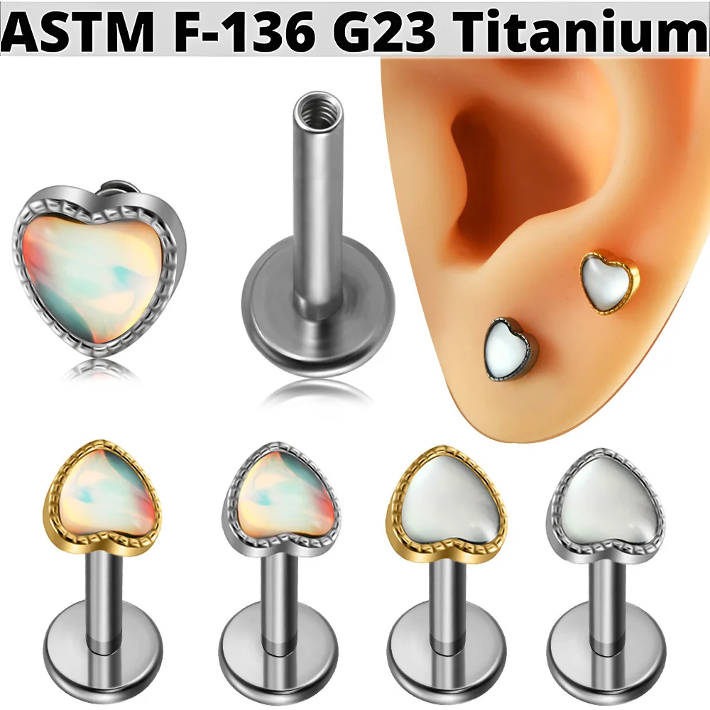 1PC Titanium Flash Film&Shell Heart Shape Internal Thread Labret Lip Studs 16G Ear Cartilage Tragus Lobe Body Piercing Jewelry
