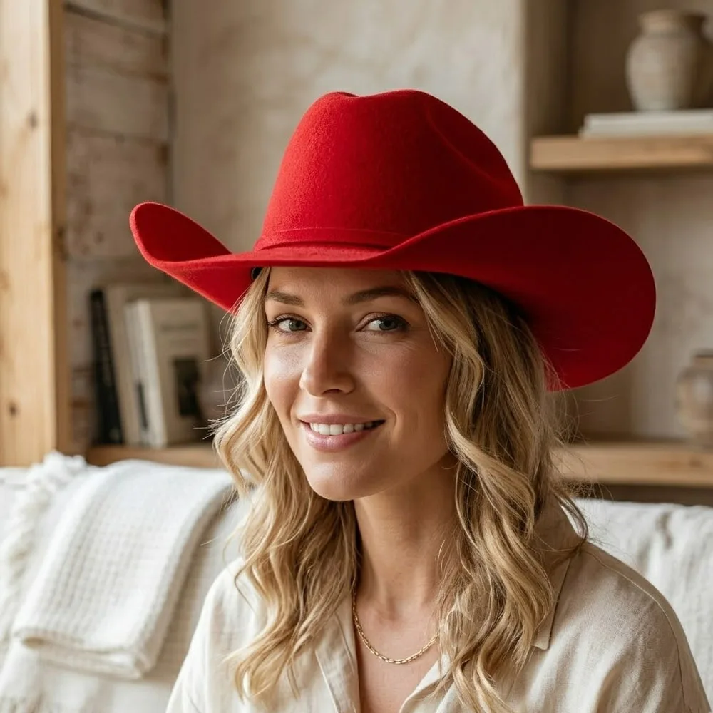 

Classic Red Felt Cowboy Hat Costume Hat Vintage Western Cowgirl Hat with Belt Wide Brim Men Women Jazz Panama Church Cap Gorras