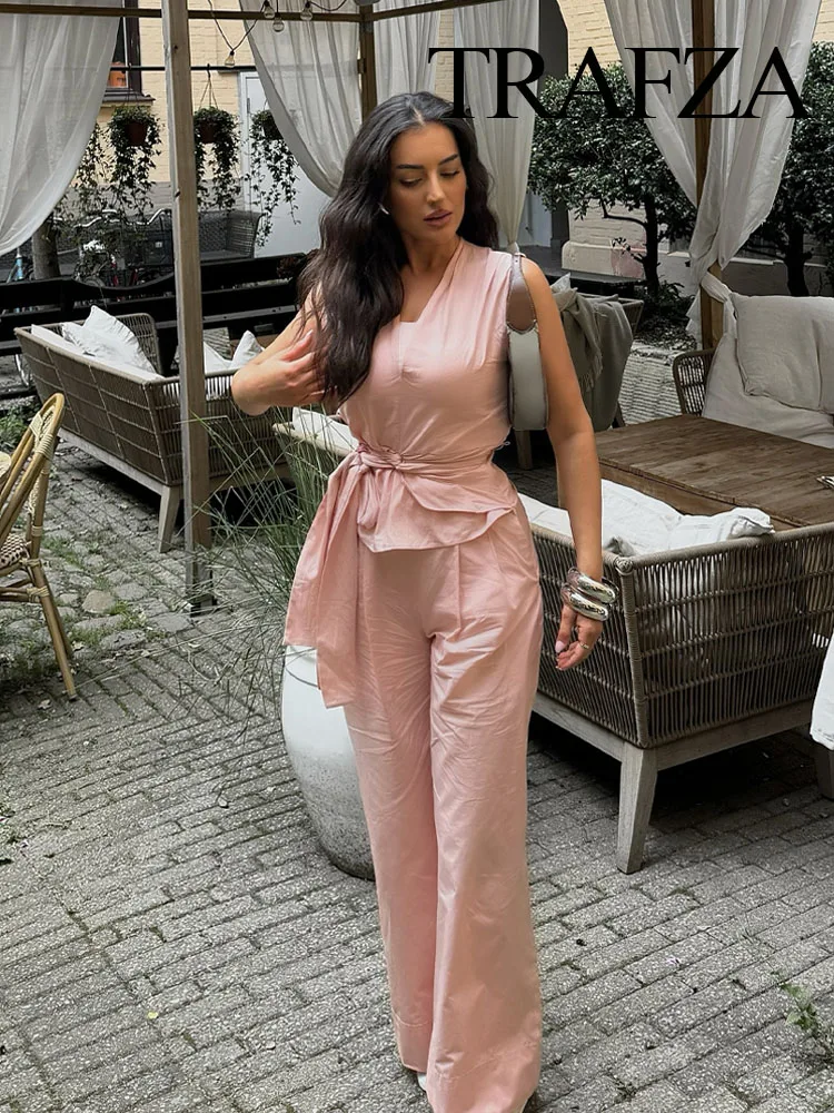 TRAFZA Women Fashion Suit Pink V Neck Sleeves Bow Decorate Zipper Asymmetrical Tops+High Waist Zipper Wide Leg Pants Female Set