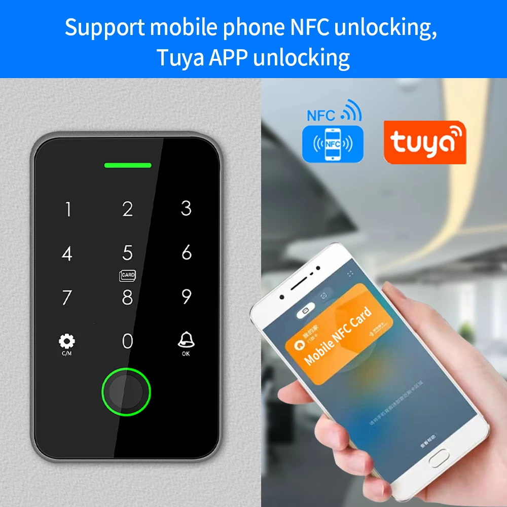 NFC Bluetooth Tuya APP Backlight Touch 13.56Mhz RFID Card Access Control Keypad Door Lock Opener WG Output IP66 Watreproof