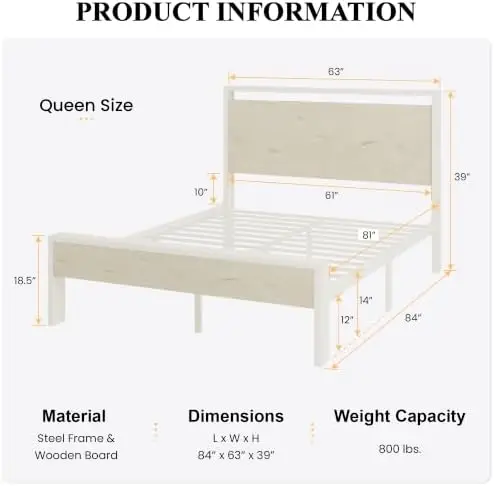 14 Inch Queen Metal Platform Bed Frame with Wooden Headboard and Footboard, No Box Spring Needed, Large Under Bed