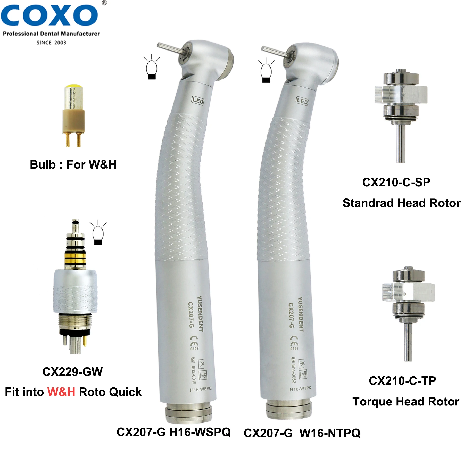 COXO-turbina de aire Dental de fibra óptica LED, piezas manuales de alta velocidad, CX207-G, acoplador LED de 6 pines, compatible con KAVO NSK WH,