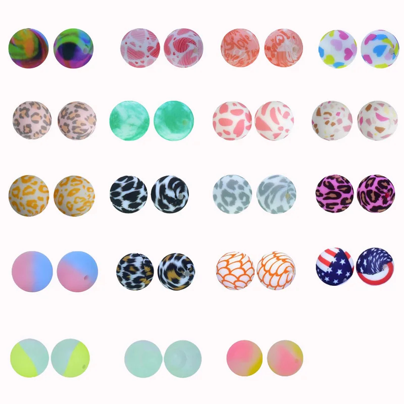 50pcs 15mm Brand New Leopard Petal Pattern Food Grade Silicone Beads DIY Bracelet Key Ring Keychain Accessories