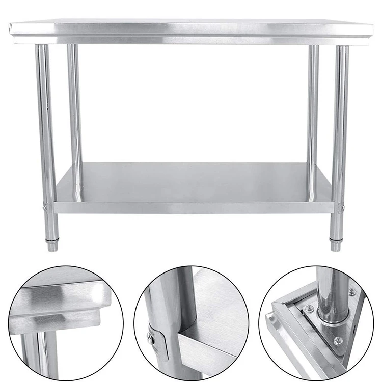 Customized Commercial Kitchen Work Table Double-Layer Thickened Stainless Steel Brushed Surface Treatment Workbench