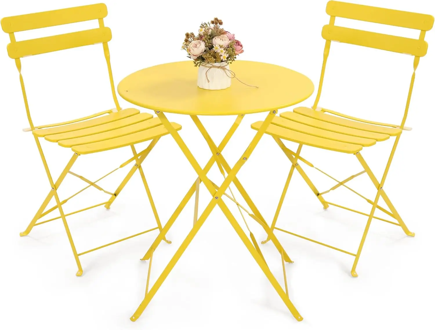 

3 Piece Folding Bistro Set, Space-Saving Patio Table & 2 Chairs for Balcony Garden, Yellow