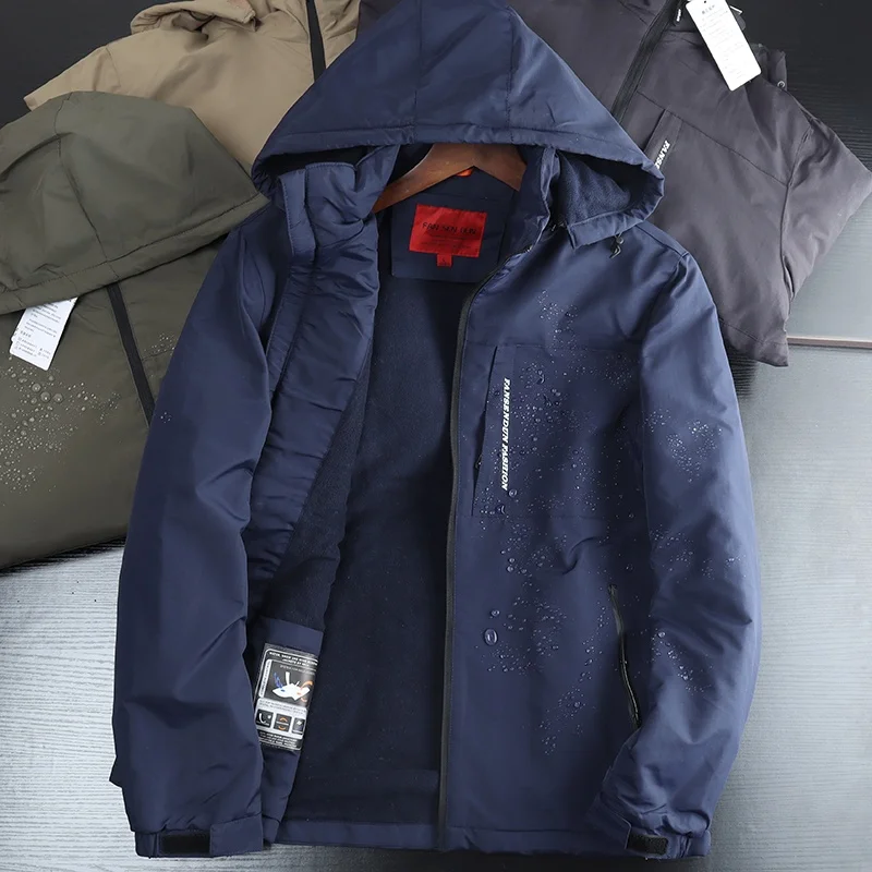 

Men's Outdoor Jaet Thiened Warm Hooded Windproof Waterproof Faionable Workwear Coat Youth Autumn Winter Stand Fit