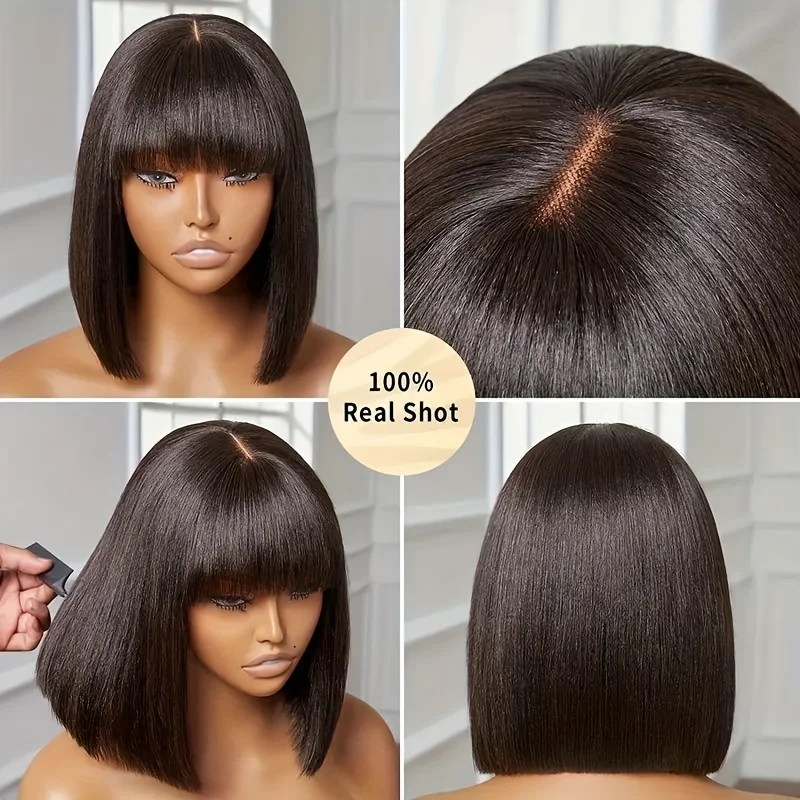 Perucas de cabelo humano retas com franja, peruca feita máquina completa, perucas de cabelo brasileiras baratas, perucas Glueless Short Bob Fringe,