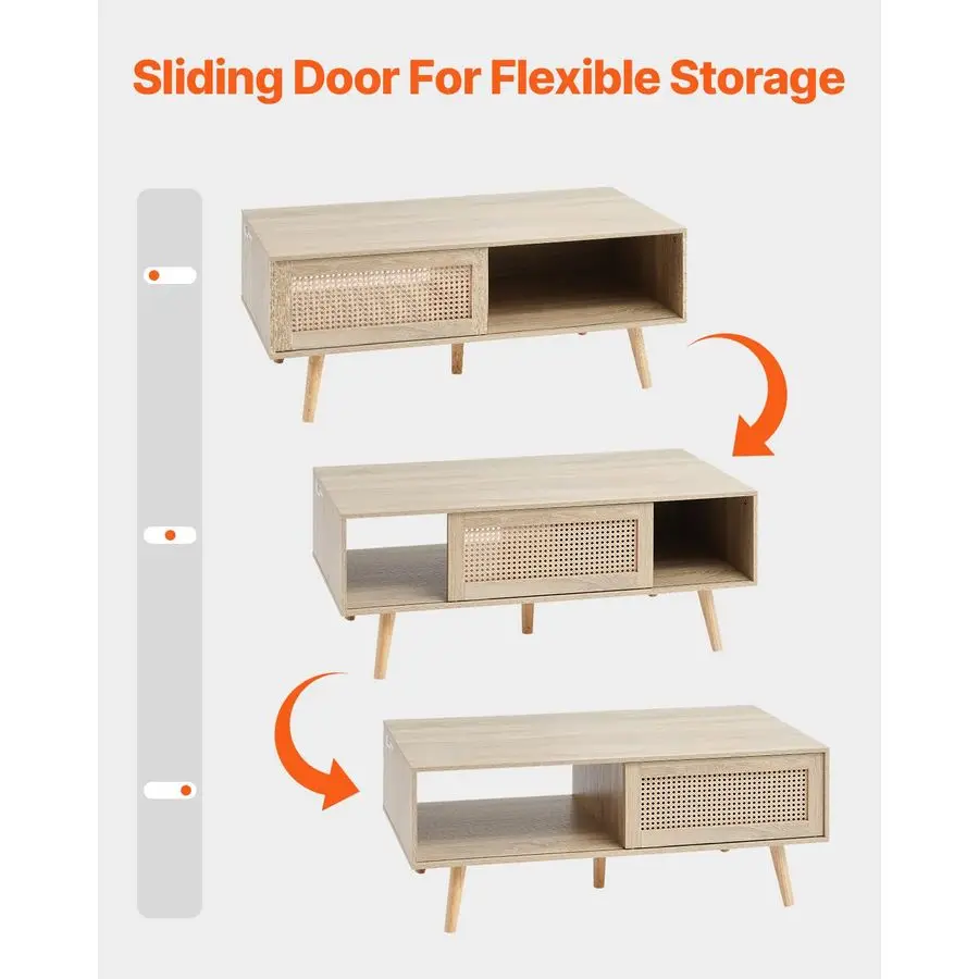 Rattan Coffee Table, Mid Century Modern Table, Rectangle Wood Table, 42 Inch Modern Boho Style Two Layers Storage Coffee Table,