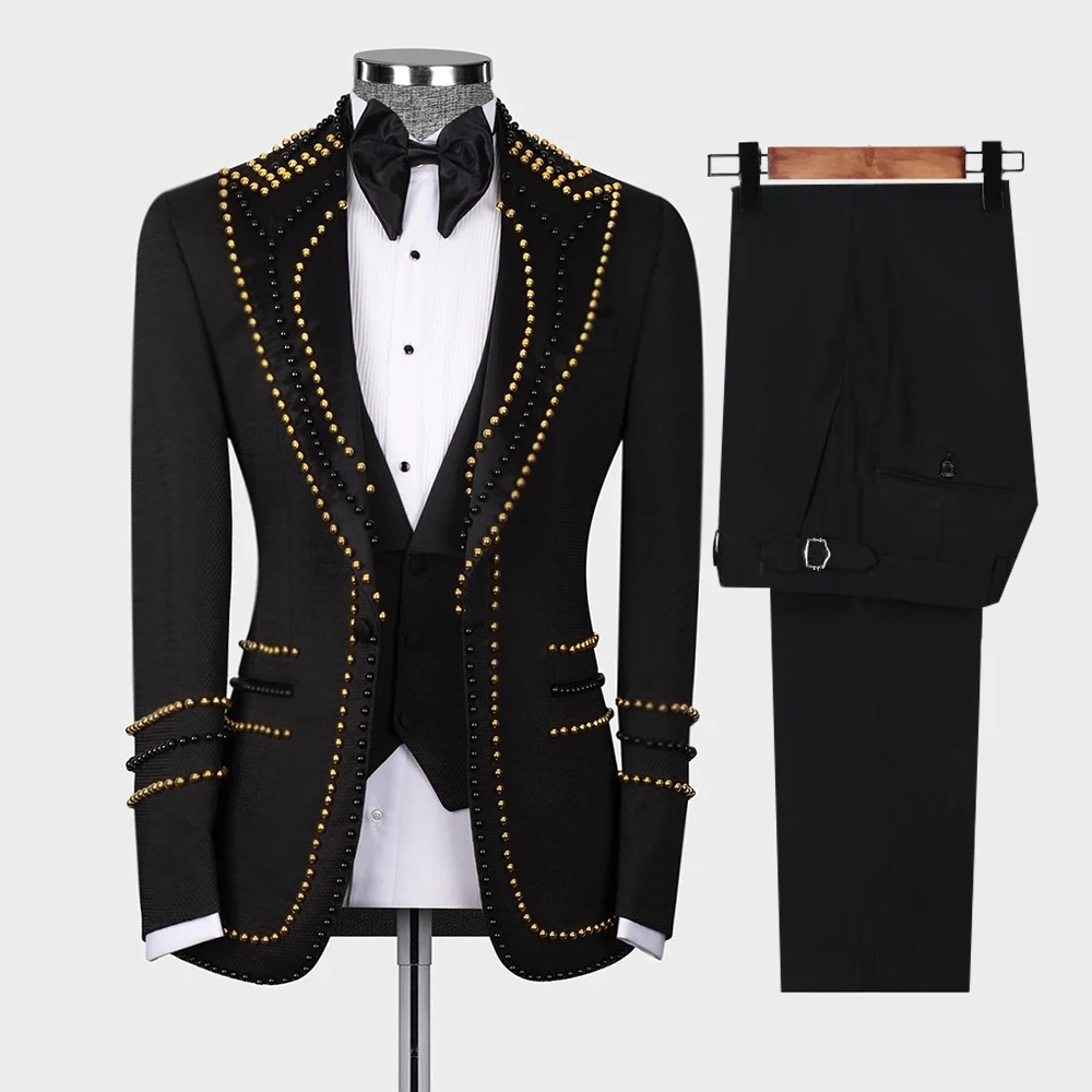 

Elegant Pearls Suit Men For Wedding 3 Piece Set Single Breasted Jacket Vest Pants Customized Groom Banquet Party Tuxedos Outfits