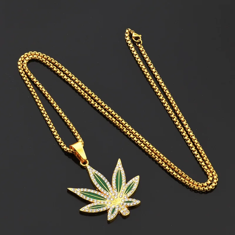 Rhinestone Weed Pendant Necklace Men Maple Leaf Necklaces Gold Color Chains for Boys Women Steampunk Jewelry Accessories Gift view 3