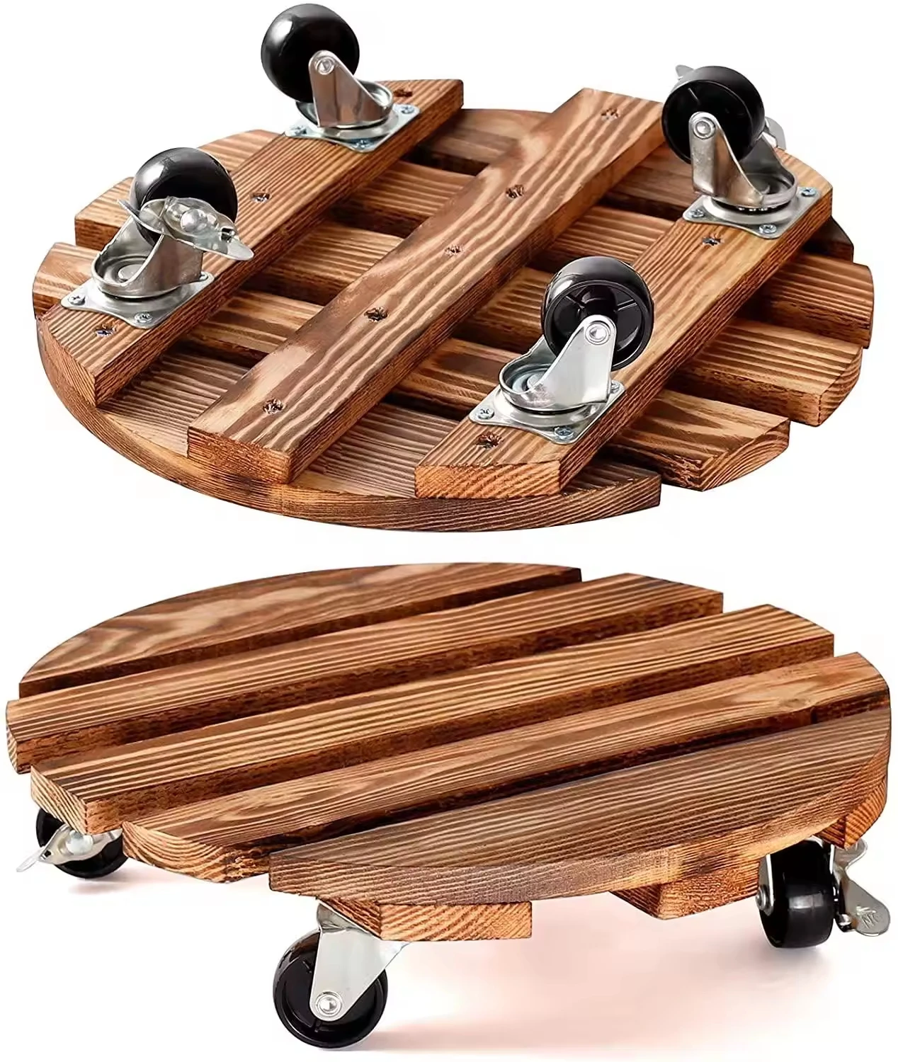 Chariot à roulettes robuste pour plantes avec roues en bois et roulettes métalliques verrouillables