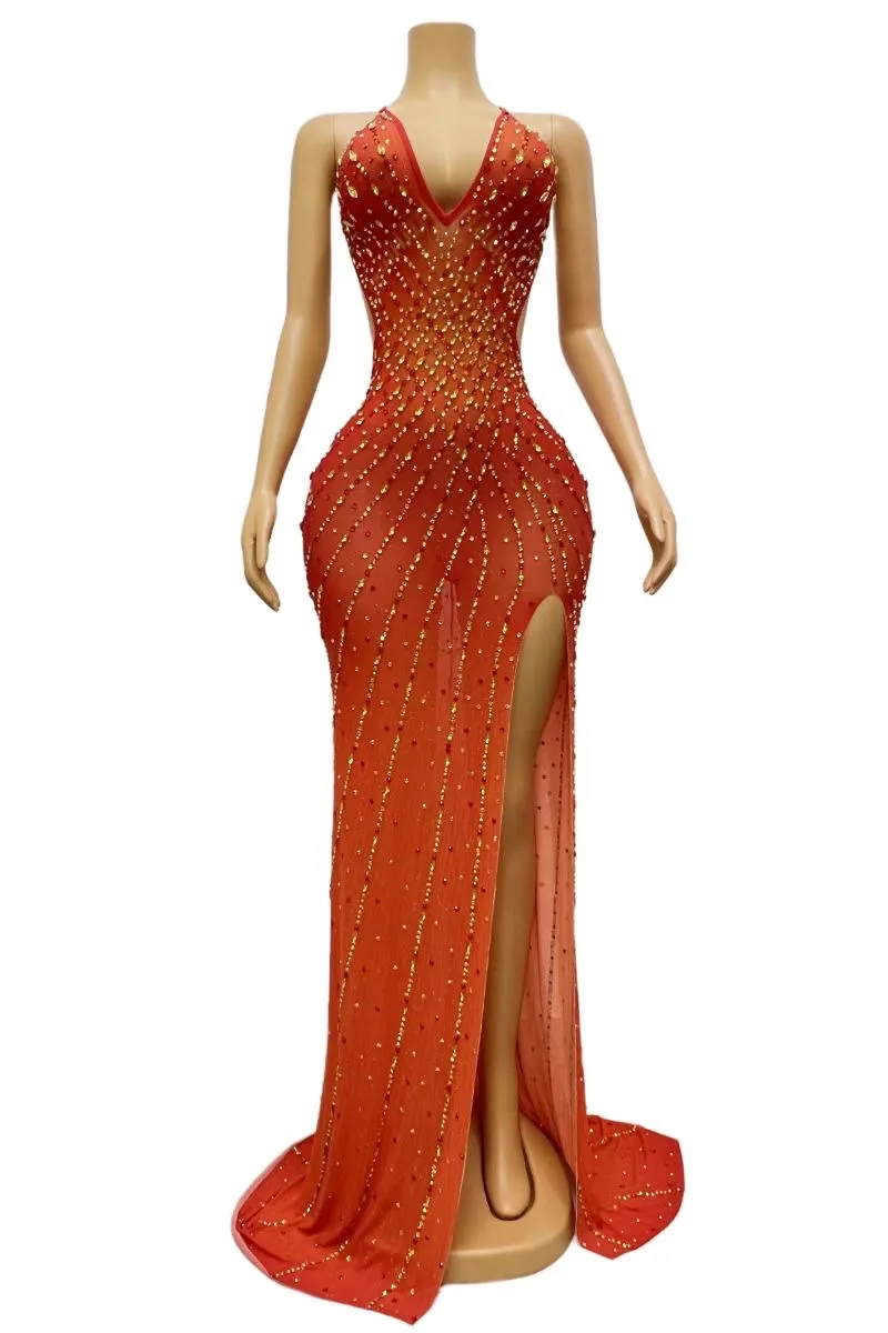 

Flashing Gold Red Rhinestones Long TrainBackless Dress Birthday Dancer Prom PartyOutfit Evening Celebrate Costume babagan