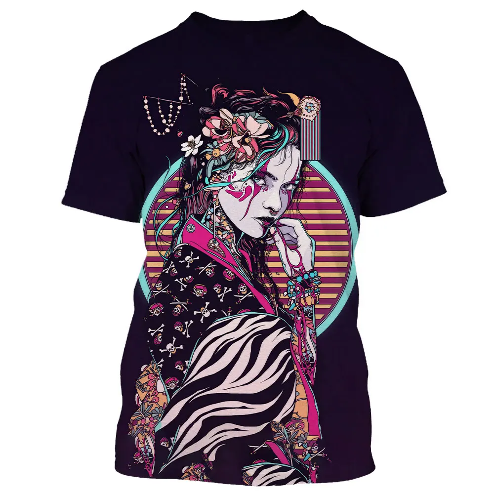 Summer Fashion Japanese Geisha Samurai cool T shirt Men Casual Hip Hop streetwear 3D Printed Color Painting Short Sleeve Tees