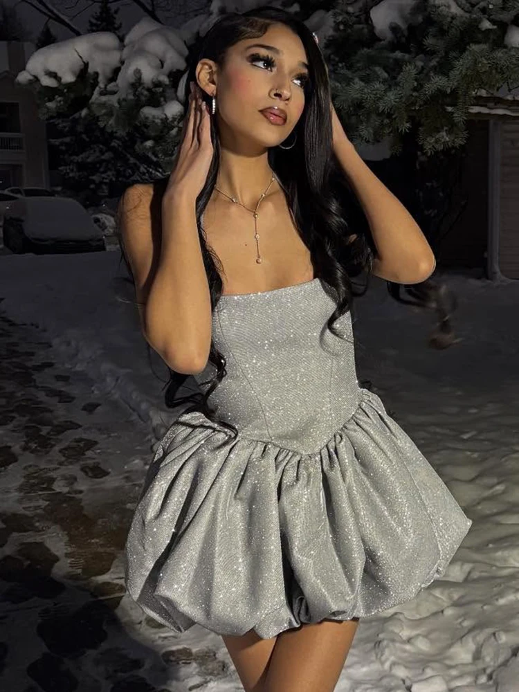 

VC сексуальное мини-платье с лямкой на шее и серебряным блеском для женщин, блестящее вечернее клубное праздничное платье с открытой спиной на шнуровке, платье для выпускного вечера