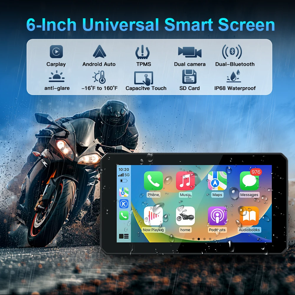 DM601 6 inch Portable Motorcycle Wireless Carplay Android Auto GPS Navigation  IP68 Waterproof DVR Drive Recorder Moto TPMS view 6