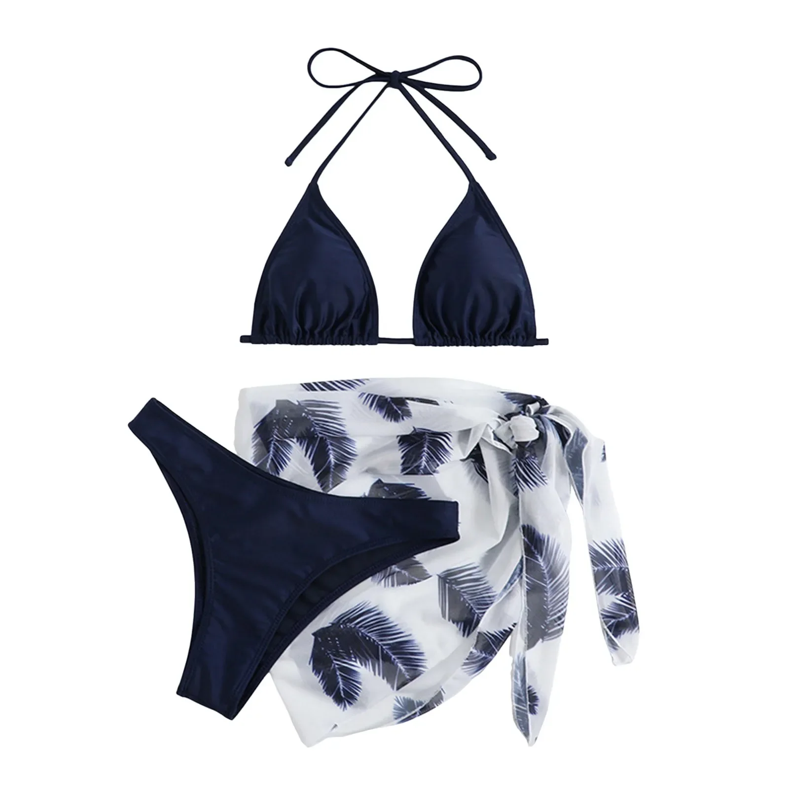 Women'S 3 Piece Bikini Set Triangle Cheeky Bathing Suits Cute Printing Swimsuits With Cover Up Skirt