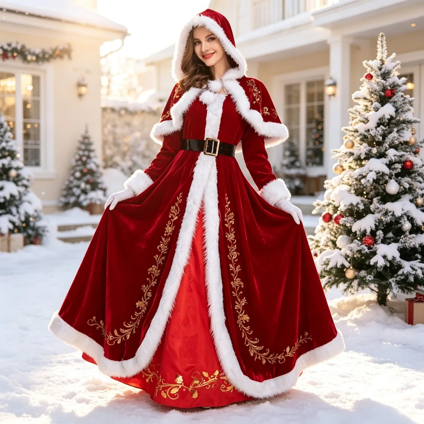 Unisex Xmas Santa Costume Couple Outfit Complete Accessory Kit For Adult Holiday Role Play Christmas Party New Year Show