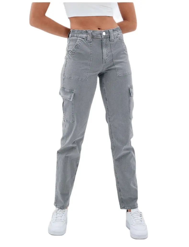 2023 nowych kobiet średnio wysoka talia szary kilka kieszeni dżinsy moda wysoka rozciągliwość Denim proste nogawki Casual odzież damska S-2XL