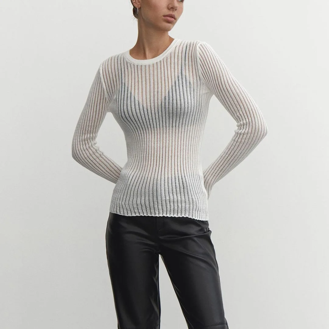 Women See Through Crew Neck Sheer Mesh Knitted Sweater Solid Basic Long Sleeve Loose Fit Knit Pullover Jumper Top