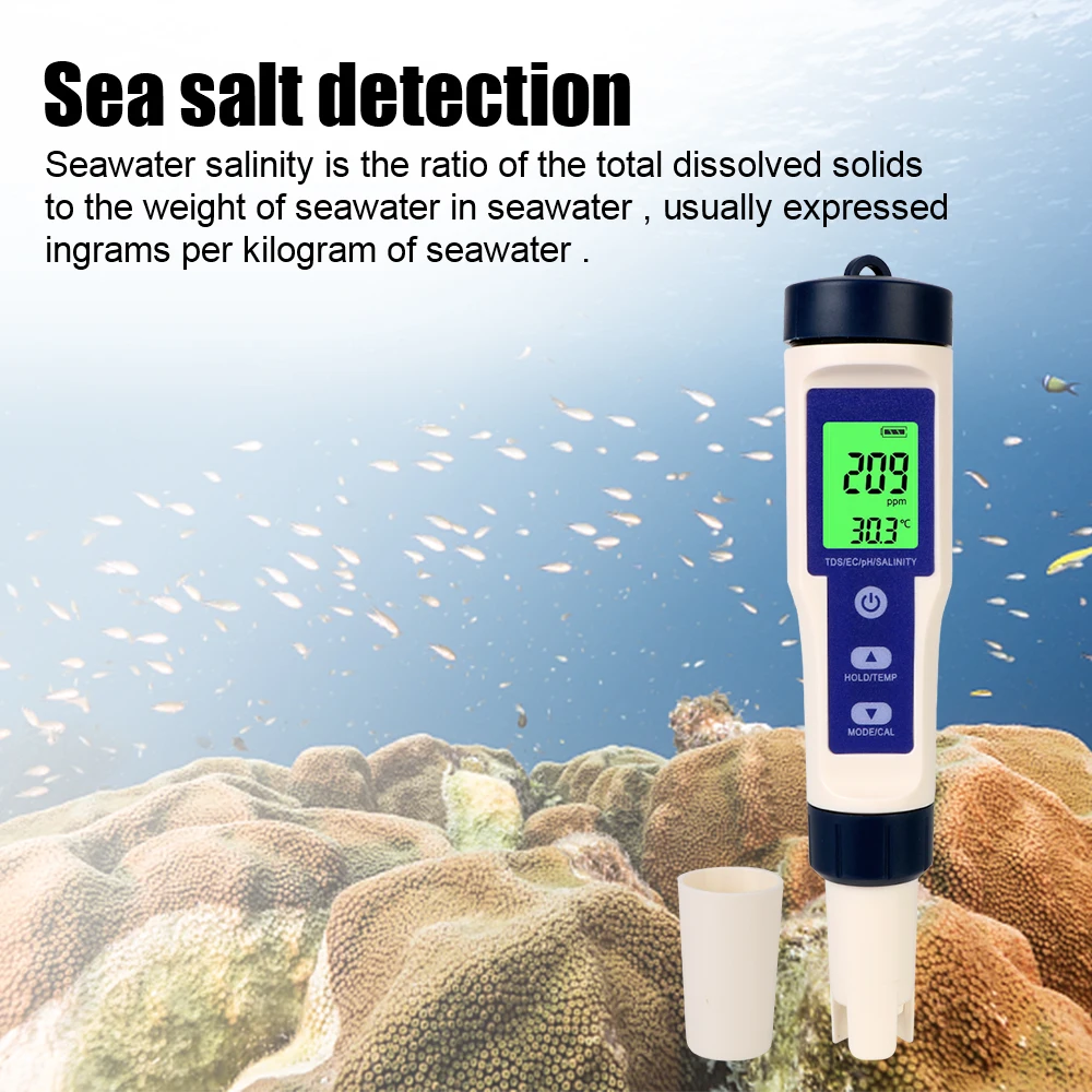 Purity Measure Tool Temperature Hydrogen-rich Meter 5 in 1 PH/TDS/EC/SALT/TEMP Water Quality Detector