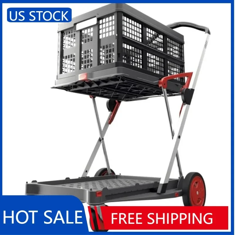 

CLAX® Multi use Functional Collapsible carts | Mobile Folding Trolley | Shopping cart with Storage Crate (Red)