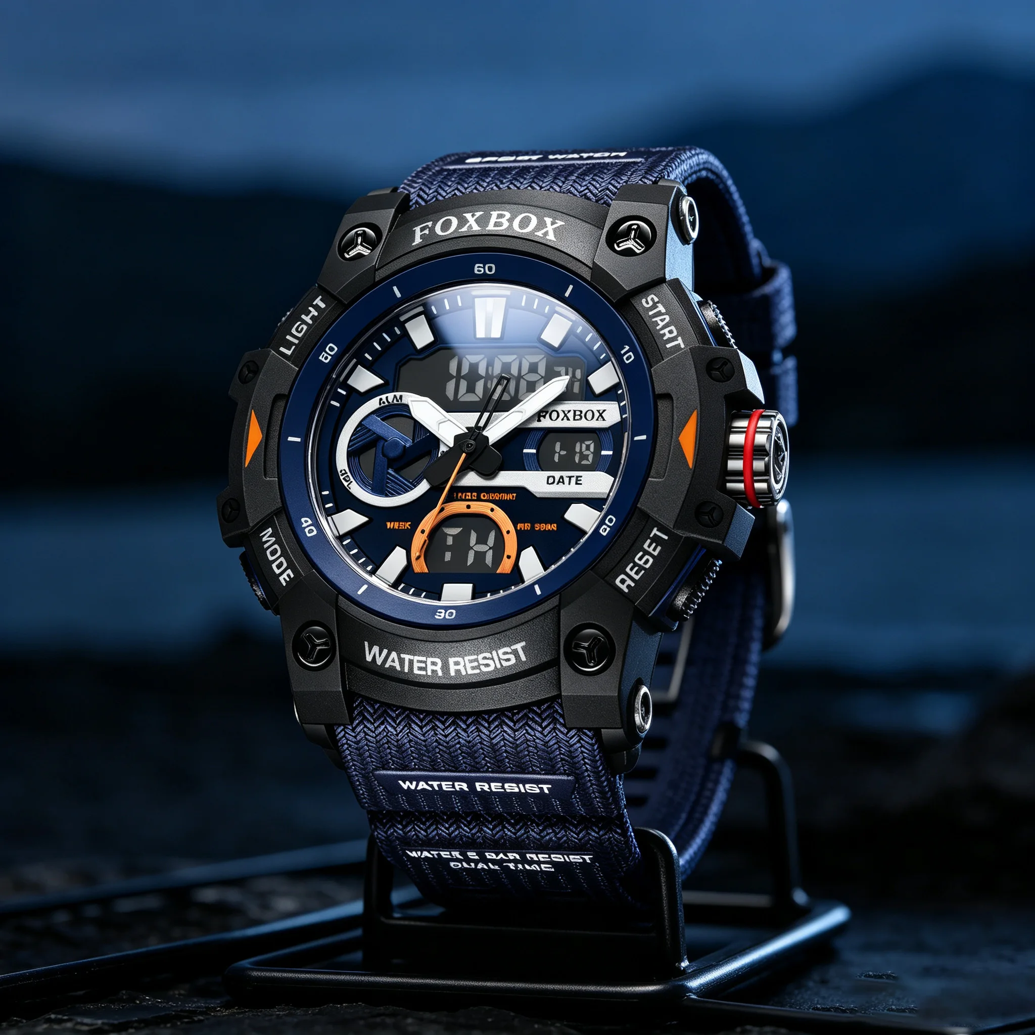 FOXBOX Sport Watch Military Wristwatch for Men Alarm Stopwatch LED Digital Back Light Dual Time Display Waterproof Watch Men