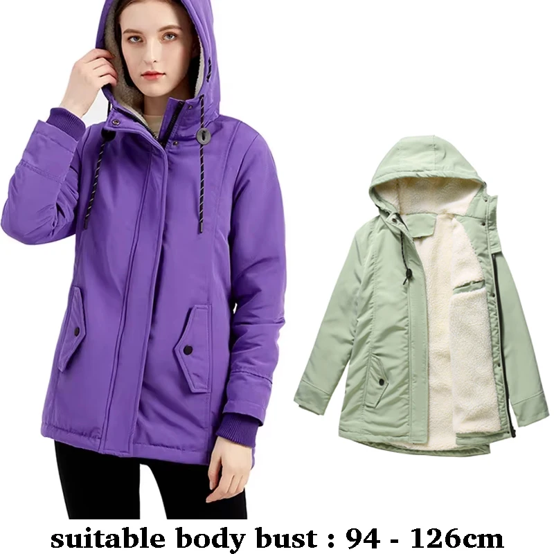 

High quality hooded zipper trench coat for women plush lining big size new winter 2025 casual clothes - black purple blue