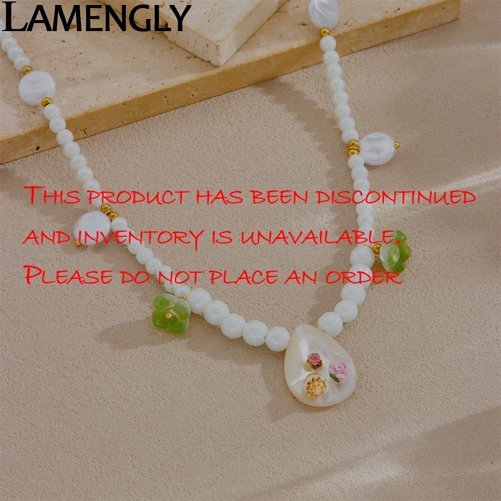 

LAMENGLY 316L Stainless Steel White Beads Chain Flower Conch Inlay Droplet Shaped Shell Necklace Women Romantic Clavicle Chain