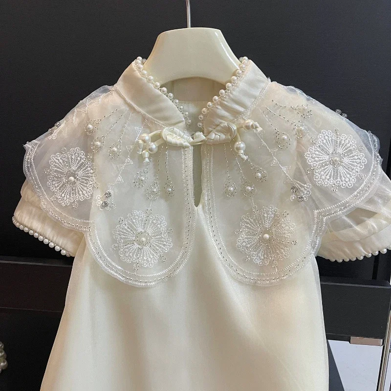 Vestido de ombro infantil, Princesa Cheongsam, Roupa de menina, Roupa de verão, Novo