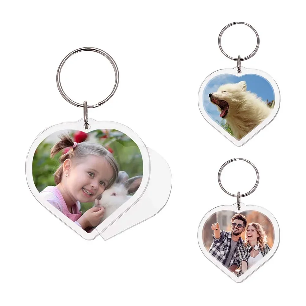 50 conjuntos de chaveiros de foto em branco personalizados com coração, chaveiros de inserção de foto em branco transparente para molduras de fotos DIY