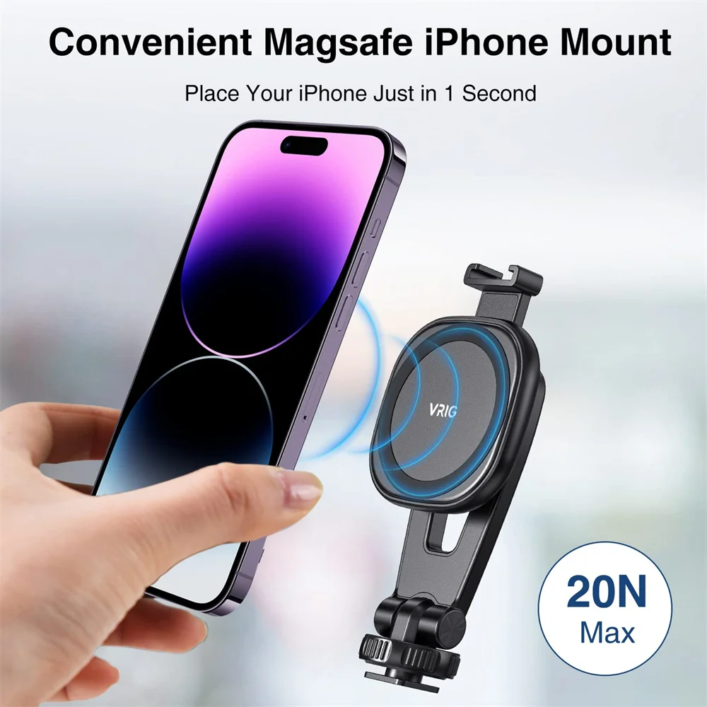 VRIG 360° Rotation Magnetic Phone Tripod Mount for Tripods Camera holder for Magsafe iPhone 15 14 13 12 Series with Cold Shoe