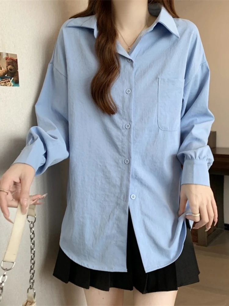 

2025 Ladies Street Casual Solid Color Versatile Women Tops Plus Size Blouse Female Autumn Winter Loose Pocket Long Sleeve Shirt