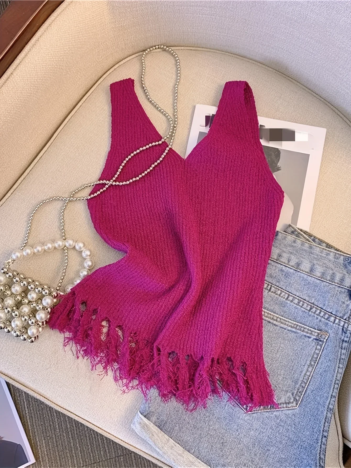 2024 Solid Tassel Hem Tank Top Knit Elastic Casual V Neck Summer Sleeveless Top Women\'s Clothing Crop Top