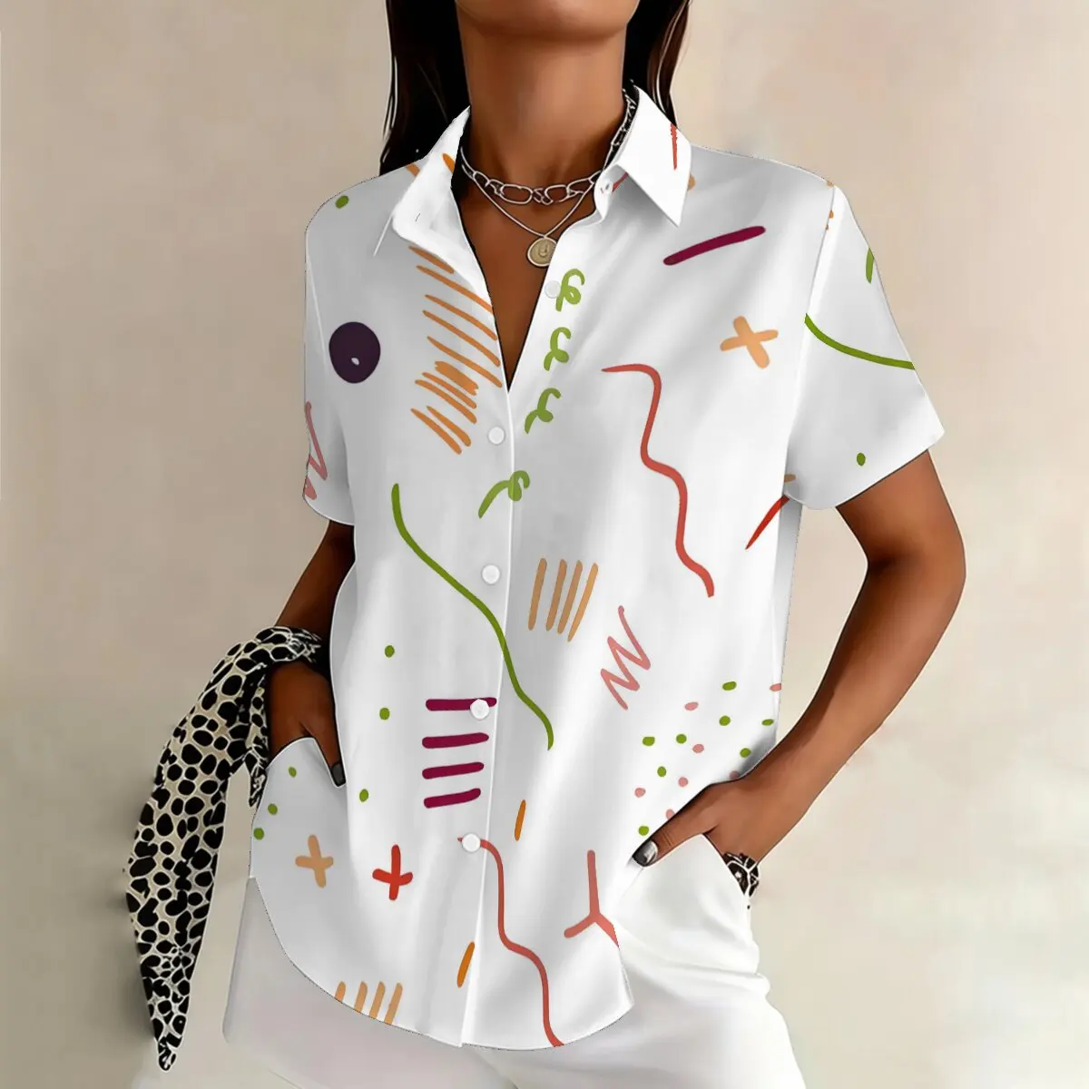 

Artistic sense, fun line pattern, plus size shirt for women, summer fashion, daily niche design, short sleeved top