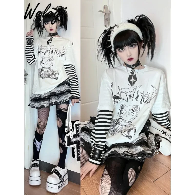 Harajuku Loose Printed T-shirt Female Students 2024 Spring and Autumn New Japanese Style Punk Cartoon Printed Long Sleeve Shirt