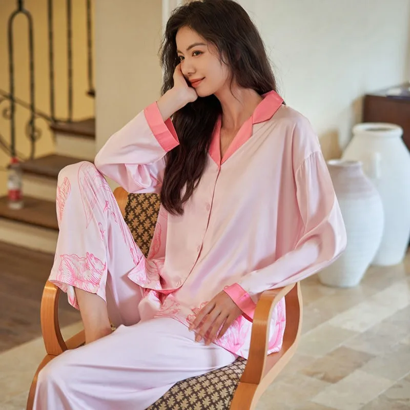 2024 New Women Spring Pajamas Long Sleeve High-End Ice Silk Simple Thin Homewear Suit Female Casual Large Size Sleepwear Set