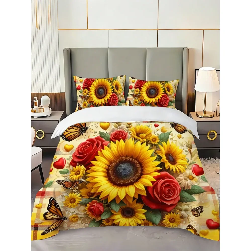 

Soft Comfortable Sunflower Print Duvet Cover Set 1 Duvet Cover 2 Pillow Shams, Comforter Pillow Insert Not Included, Unisex Hom