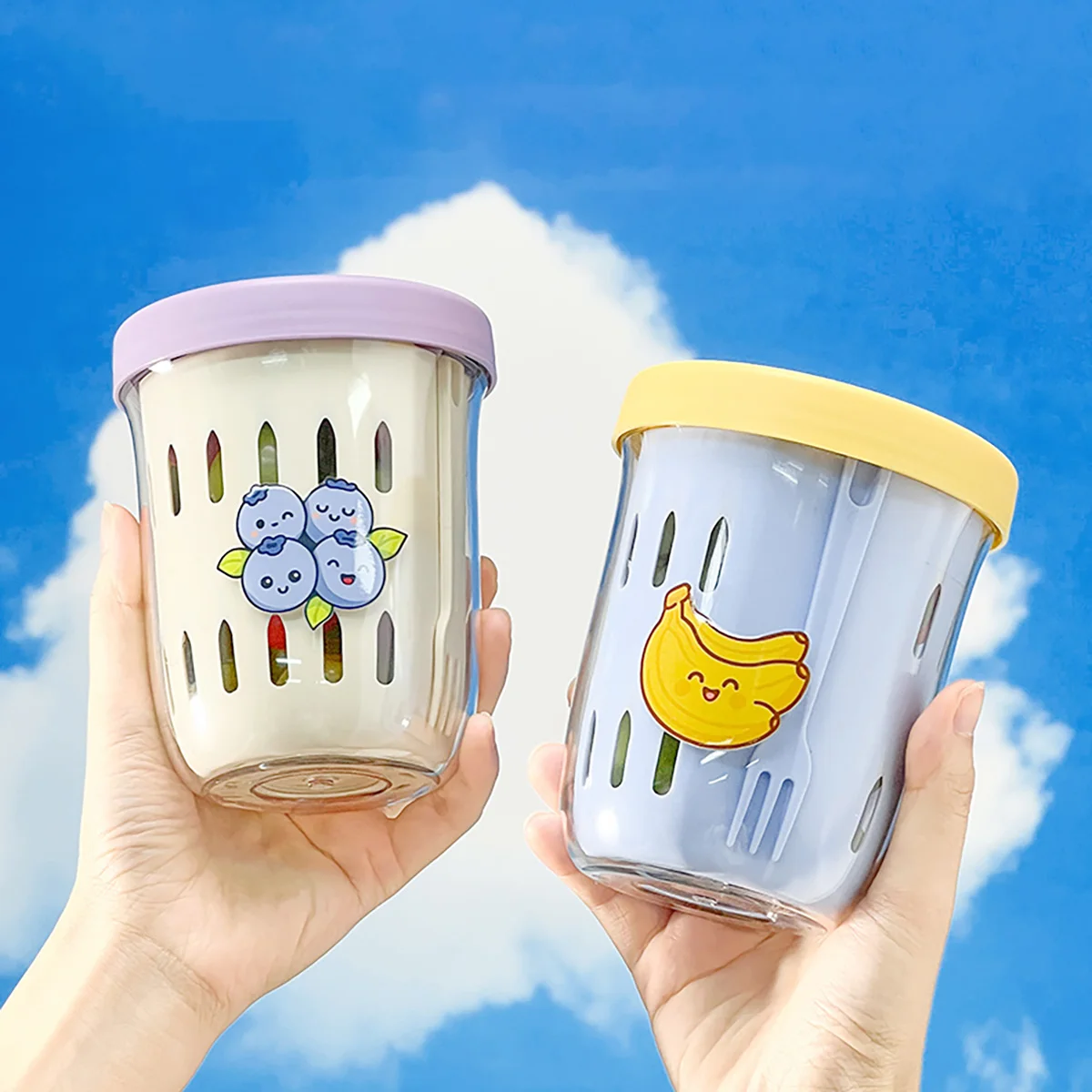 Portable Plastic Salad Cup with Cute Stickers Double-Layer D