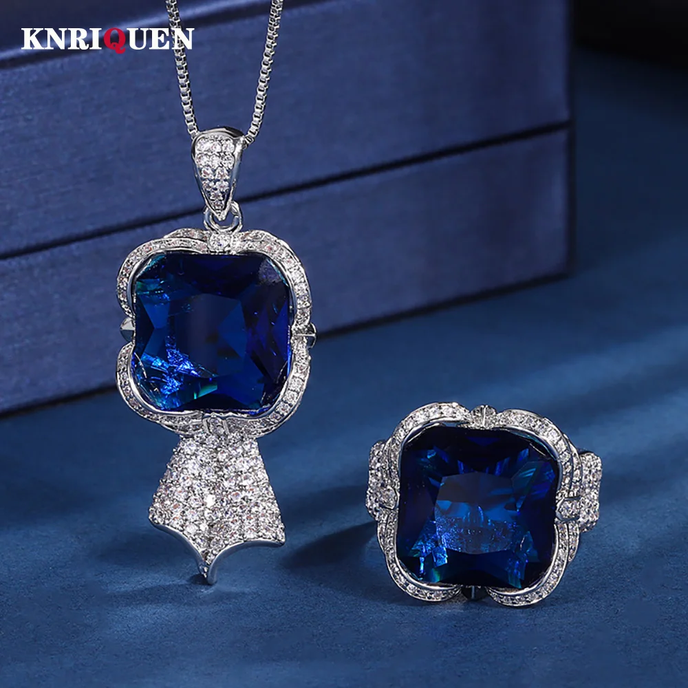 

Vintage 14*14mm Sapphire Pendant Necklace Rings for Women Lab Diamond Gemstone Wedding Bands Party Jewelry Sets Birthday Gift