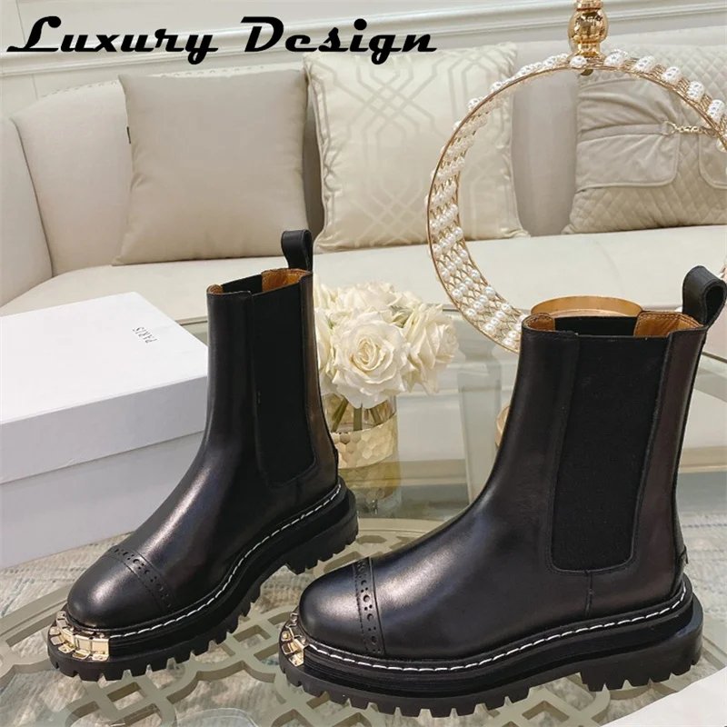 Natural Leather Ankle Boots Women Thick Sole Round Toe Casual Shoes Quality Leather Platform Short Boots Designer Brand Shoe