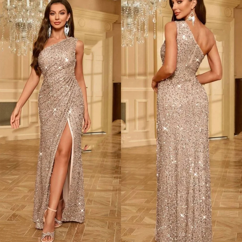 

Customized High Quality Exquisite Sequined Beading Column One-shoulder Long Dresses Bespoke Occasion Dresses Intricate Classic