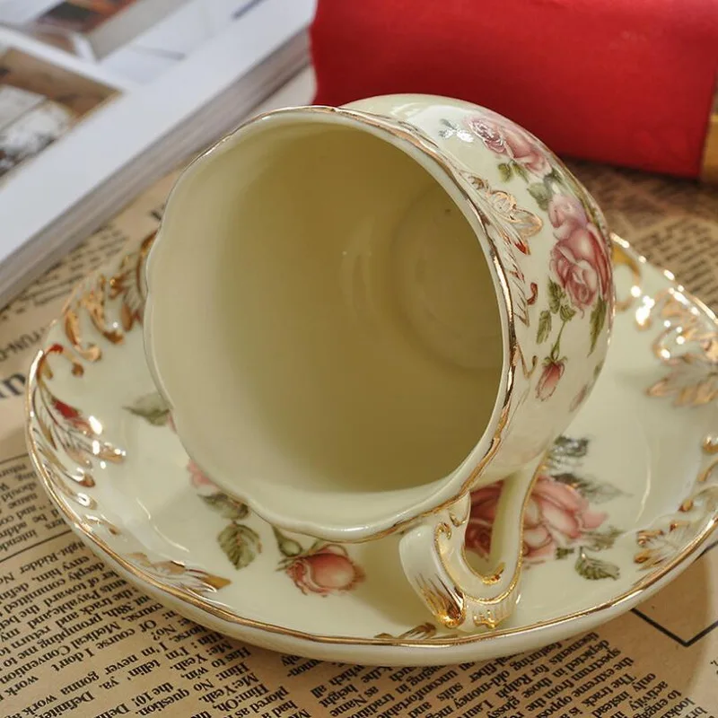 Pastoral Rose Bone China Tea Cup Saucer Spoon Set Europe Porcelain Coffee  200ml Mug Tray Cafe Tumbler Party Drinkware