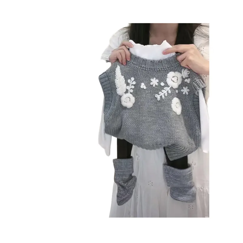 مجموعة النمط الكوري للربيع والخريف لعام 01-2025 للأطفال، سترة محبوكة رمادية أنيقة، سراويل ضيقة للفتيات الصغيرات، كاجوال