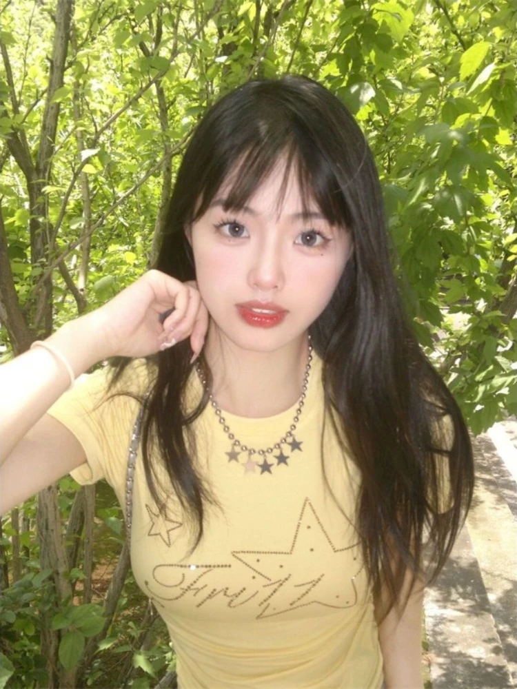 

Yellow American Spice Hot Diamond Short Sleeve T-shirt Women Spring Summer Design Sense Niche Slim Short Top