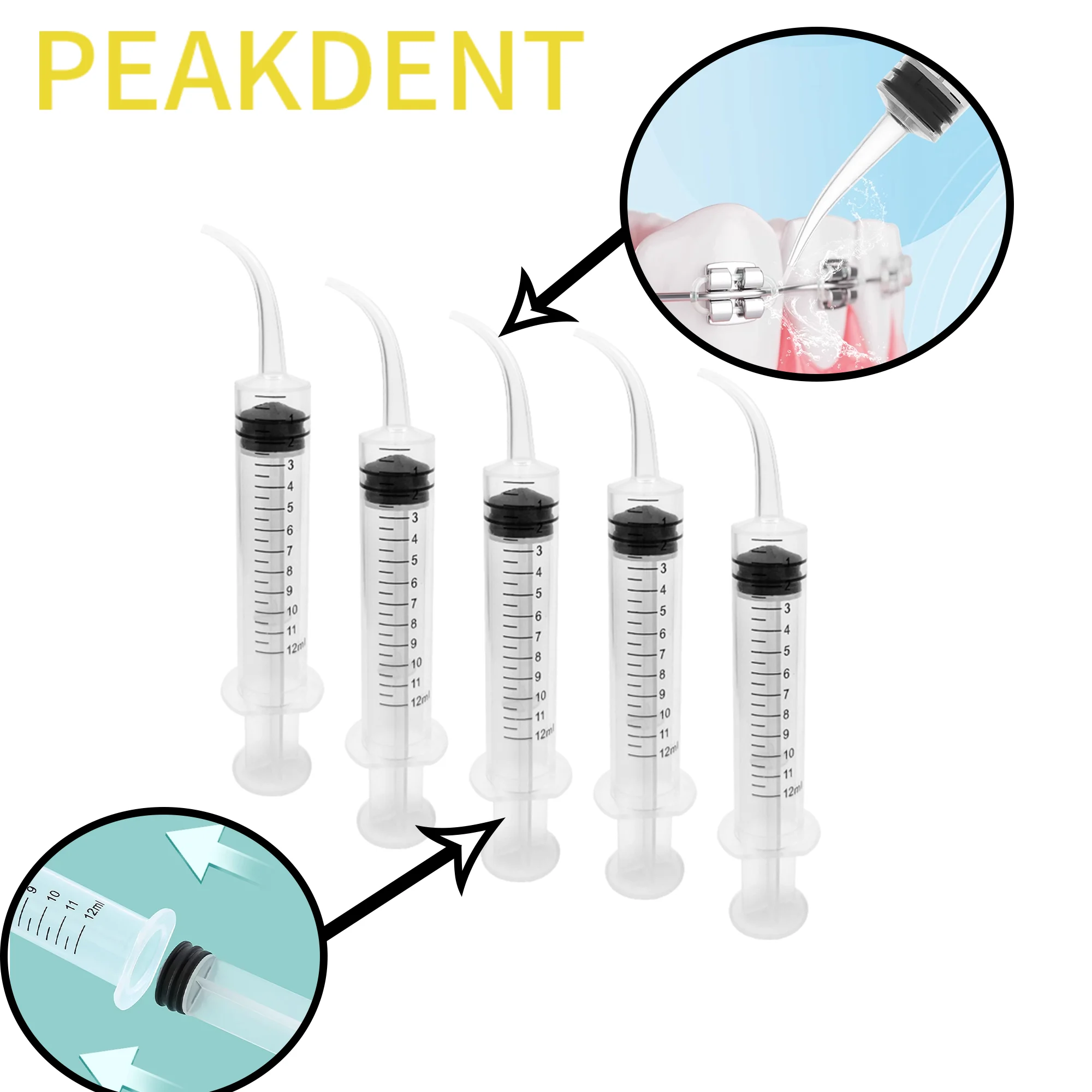 곡선 팁이 있는 치과 관개 주사기, 12ml 치과 키트, 투명 치아 미백 치과 기구, 치과 관리 도구