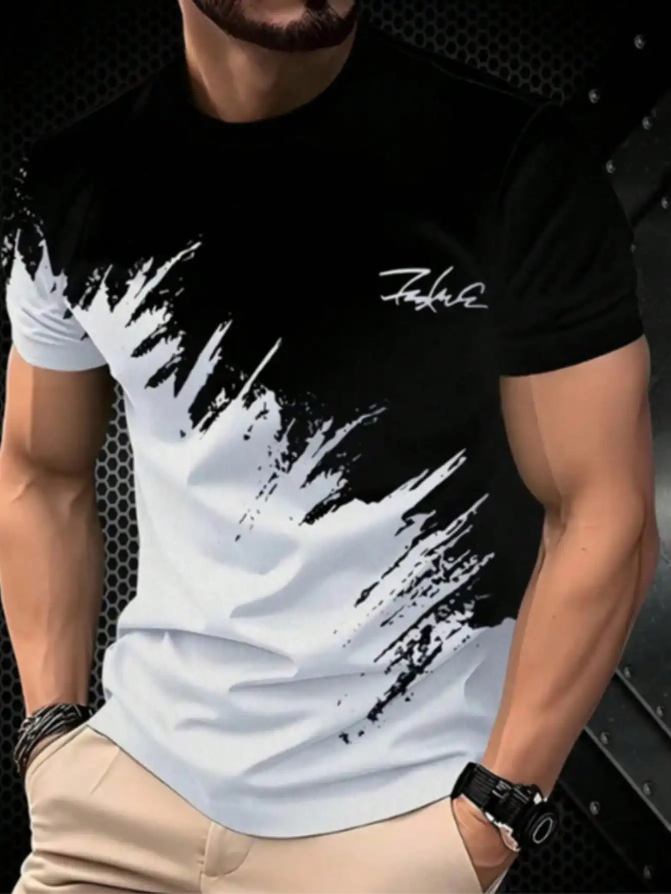 Men's Black and White Abstract Brushstroke Graphic T-Shirt, Casual Short-Sleeve Summer Wear