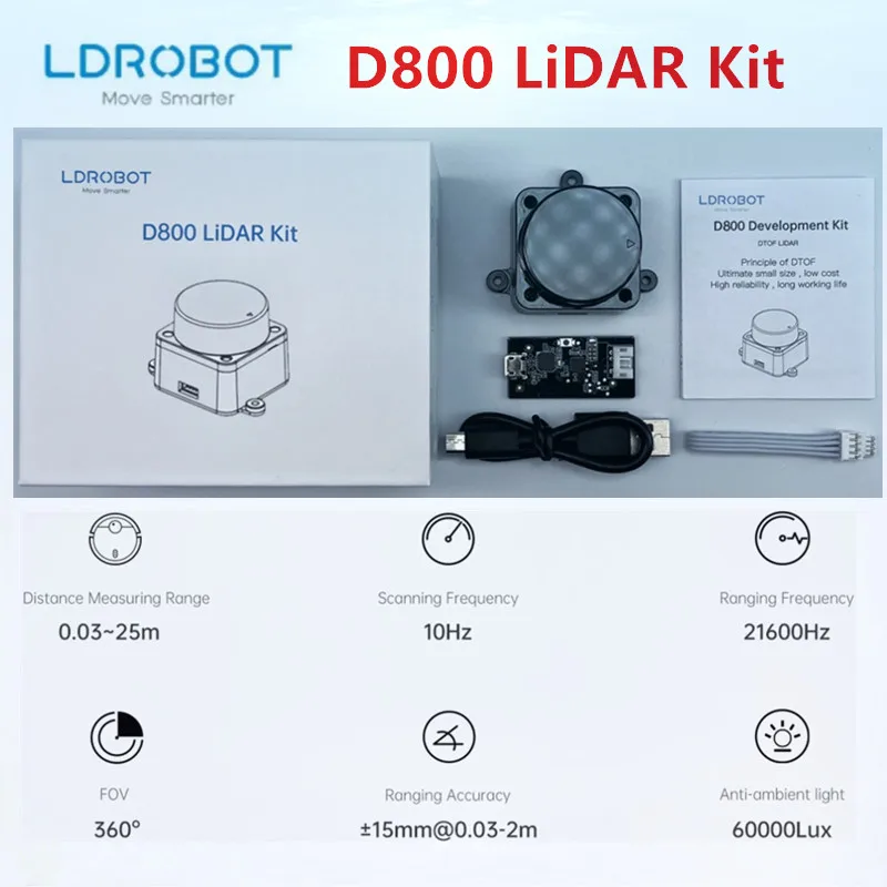 LDROBOT D800 Lidar Kit 25meters DTOF ROS Car SLAM Navigation Scanning Laser Radar Sensor Support ROS1 and ROS2 for outdoor